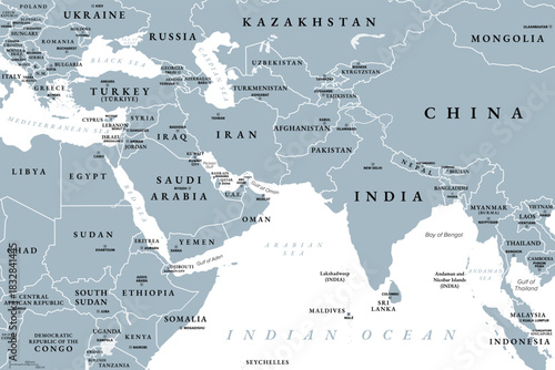 West Asia and South Asia, gray political map with countries, international borders and capitals. Western or Southwest Asia, with the Middle East, and South Asia, with the Indian subcontinent. Vector
