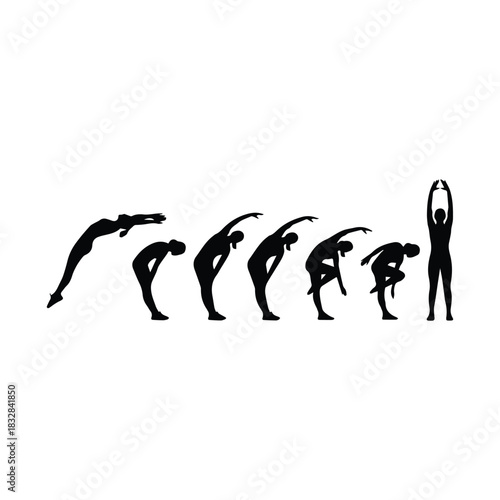 Sequence of a woman performing a forward roll and stretching silhouette