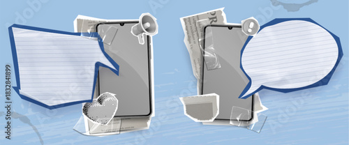Phone mockups with paper speech bubbles and lined notebook elements for messaging design. Smartphones with torn newspaper pieces and blue chat balloons on grunge bg. Mobile conversation templates