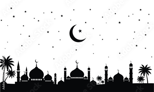 Silhouette of mosque and palm trees with crescent moon and stars.