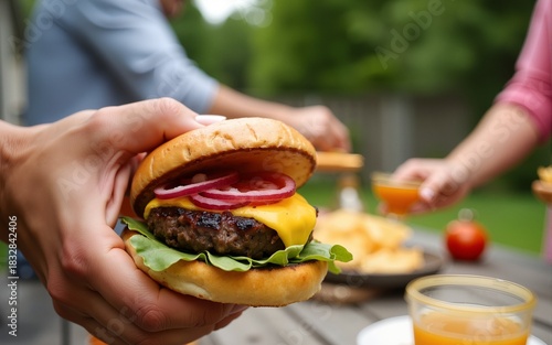 Backyard BBQ  Summer Fun  Burgers  Friends  Drinks  Outdoor Party. High quality