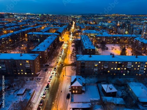 Top view of the city of Irkutsk at night