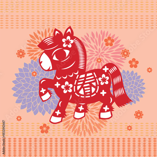 Paper Cut Horse with Floral Pattern Background Year of the Horse Illustration