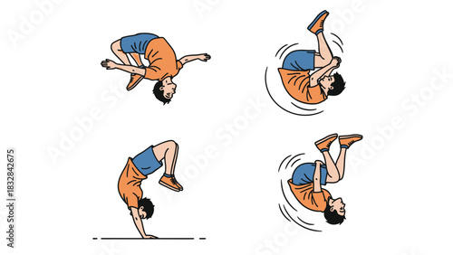 Stages of a backflip or somersault sequence, showing a person performing acrobatic movement