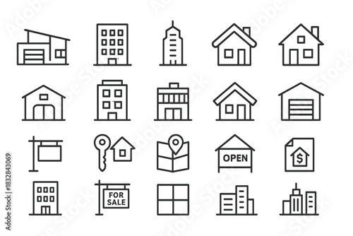 Real estate icons: residential, commercial, sale, lease, location