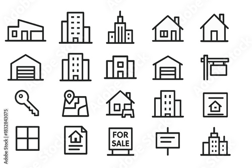 Real estate icons: buildings, houses, garage, for sale signs, location pin, key