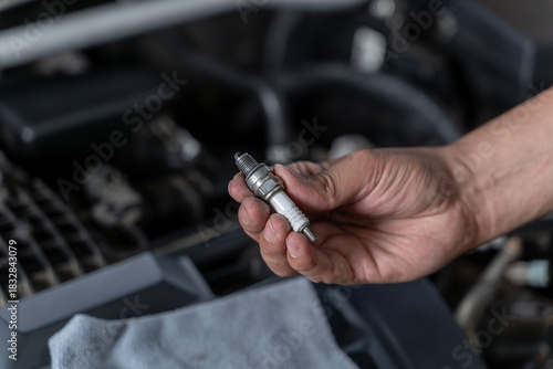 Εκτύπωση καμβά A close-up of a hand holding a spark plug, symbolizing routine vehicle maintenance and DIY auto care