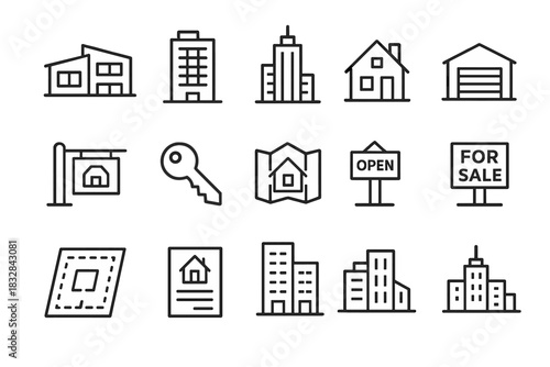 Real estate icons: buildings, homes, properties, sale, and navigation symbols