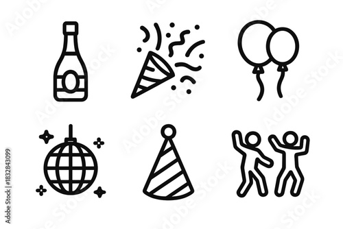 Celebration icons: champagne, confetti, balloons, disco ball, party hat, dancing figures