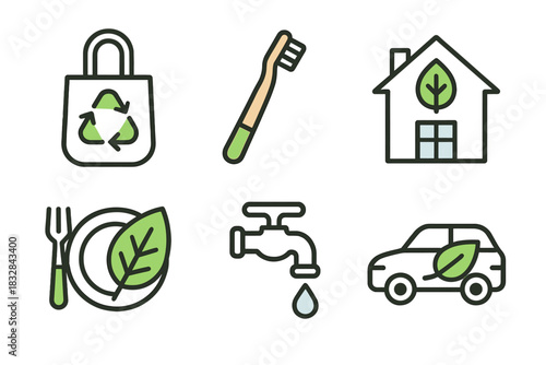 Eco-friendly icons illustrating sustainable living concepts with recycled bag and green leaf symbols