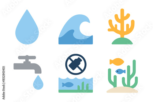 Abstract water conservation symbols with ocean, faucet, fish, and coral graphics