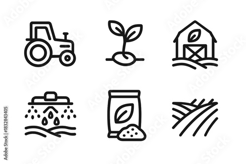 Minimalist farm icons: tractor, seedling, barn, irrigation, feed, and field