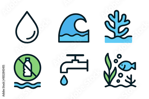 Environmental icons highlighting water conservation and marine protection themes