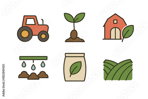 Sustainable farming icons depicting tractor, plant, barn, irrigation, fertilizer, and crops
