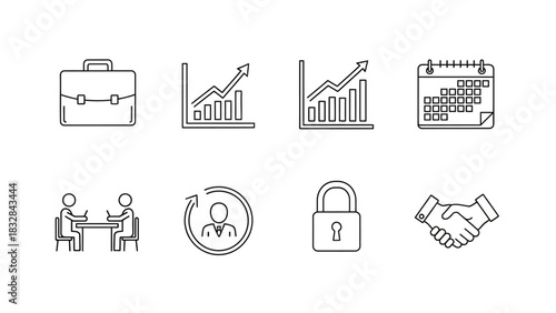 Essential business and finance line icon collection illustrating professional growth, strategic meetings, secure transactions, and effective workflow management for digital assets