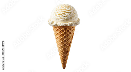 Single scoop of vanilla ice cream in a waffle cone on transparent background. Sweet dessert for summer menu or food advertisement.