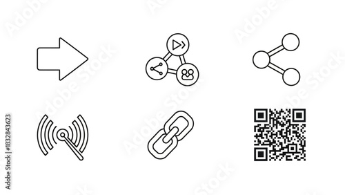 Collection of line art icons representing digital and connection concepts arrow, sharing network, link, Wi-Fi signal, chain, and QR code