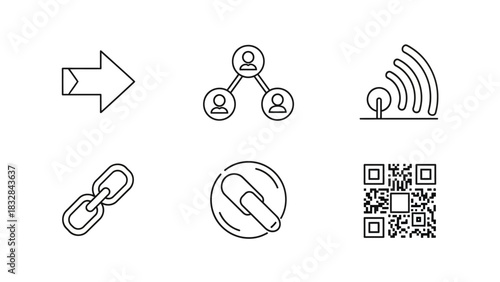 Set of linear icons representing digital sharing and connectivity concepts such as network, link, attachment, and wireless communication for web design