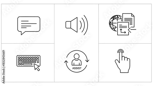 Collection of business and technology icons including speech bubble, speaker, documents, keyboard, refresh, and finger tap