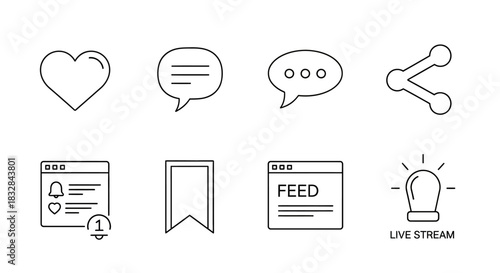 Social Media Icon Set Heart, Chat Bubbles, Share, Webpage, Bookmark, and Live Stream