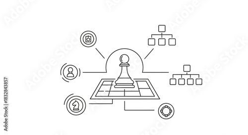 Modern business strategy and organizational development concept with a central chess pawn symbolizing leadership, decision-making, and objective achievement within interconnected systems