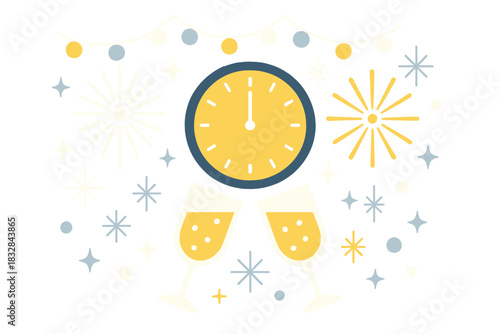 Festive new year celebration with clock, fireworks, and champagne glasses