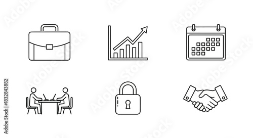 Business Icons Set Finance, Meeting, Security, and Time Management