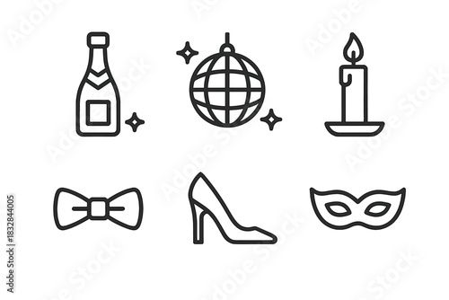 Elegant party icons: champagne, disco ball, candle, bow tie, heels, mask