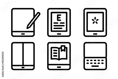 Tablet icons: e-reader, writing, open book, closed book, typing
