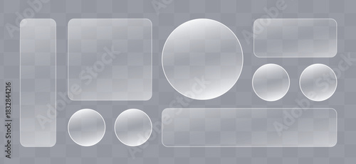 Modern liquid glass button interface design elements. A collection of sleek, transparent button graphics with a liquid glass effect, suitable for digital interfaces and applications.