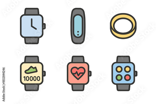 Smartwatch and fitness tracker icons with health and activity features