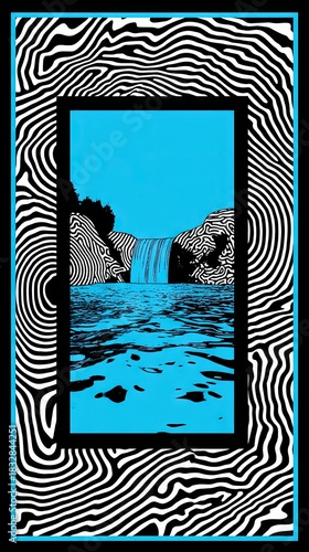 An artistic illustration of a waterfall framed by a black border, with an abstract black and white pattern surrounding the frame. The water is blue.