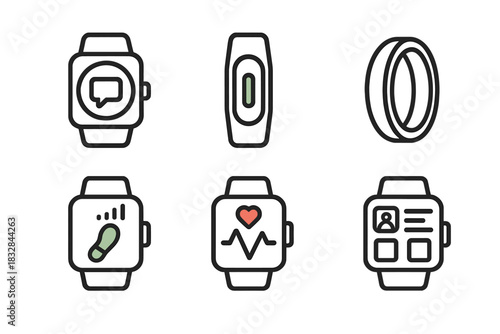 Smartwatch and fitness tracker icons with heart rate and notification symbols