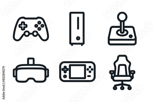 Gaming equipment icons: controller, console, joystick, vr, handheld, chair