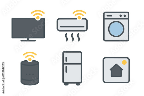 Smart home appliances with wireless connectivity icons