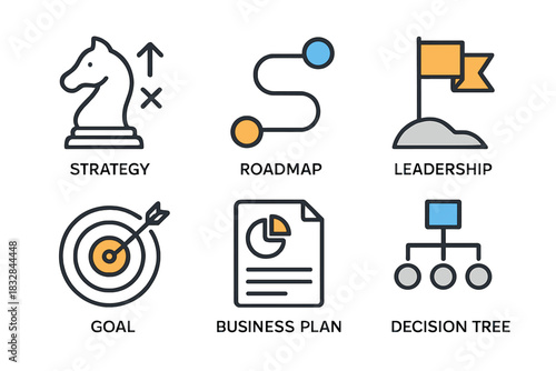 Business strategy icons featuring leadership and decision-making elements