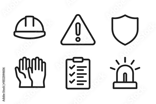 Safety icons set with helmet, warning, shield, gloves, checklist, siren