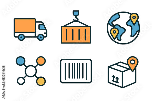 Global shipping logistics icons set: truck, container, map, network, barcode, box