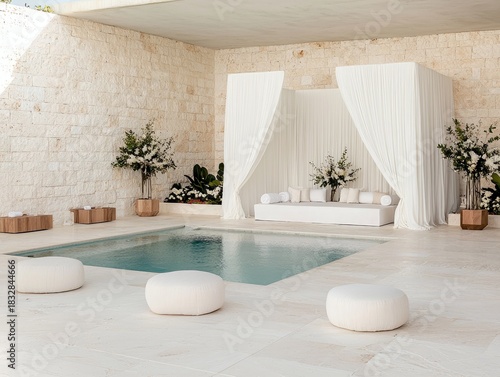 A luxurious poolside lounge features a pool, white decor, flowers, and a seating area. The setting is bright and sunny.