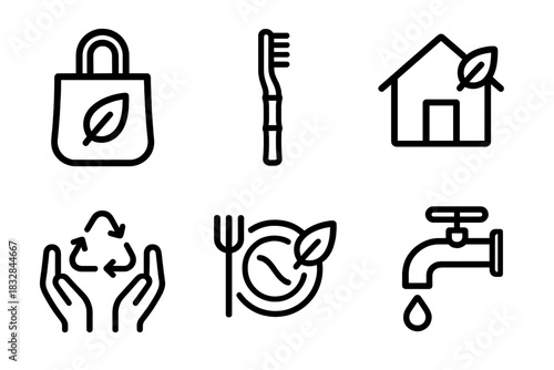 Eco-friendly lifestyle icons: recycling, sustainable home, water conservation