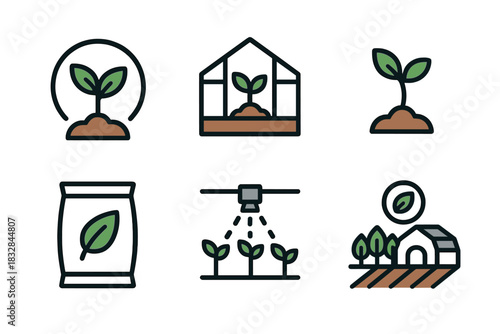Sustainable agriculture icons: plant growth, greenhouse, fertilizer, irrigation, organic farming