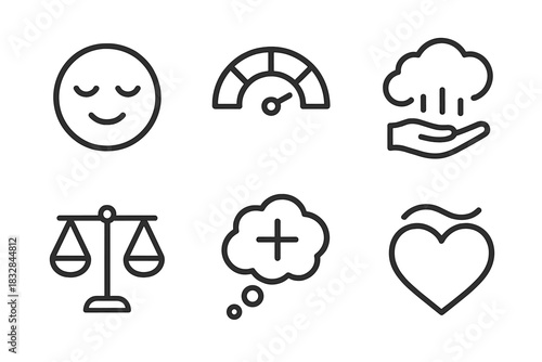 Minimalist outline icons: emotions, speed, weather, justice, thoughts, love symbols