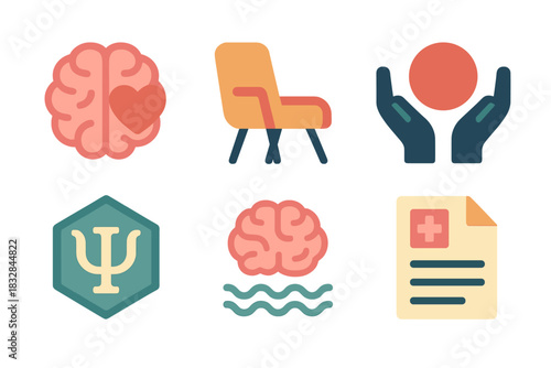 Mental health care icons: brain, hands, chair, document, heart, psychology symbols