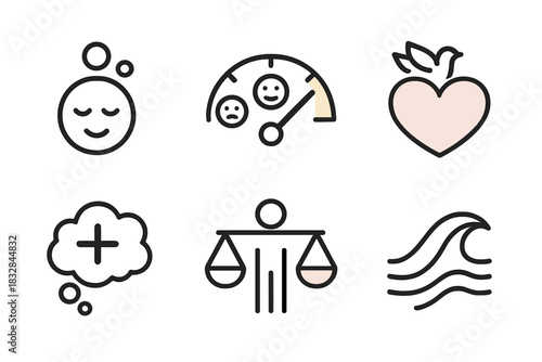 Minimalistic icons: emotions, health, love, mindfulness, balance, nature