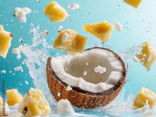 Coconut and pineapple pieces splash in water creating a refreshing scene and inviting tropical feel