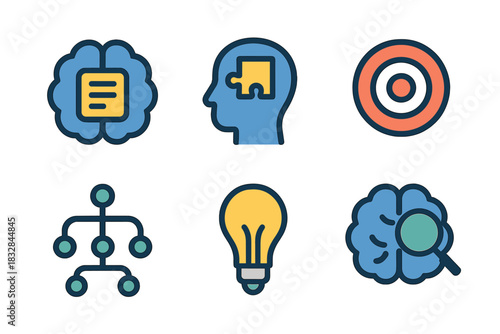 Innovative mindset icons: brain, puzzle, target, network, lightbulb, search