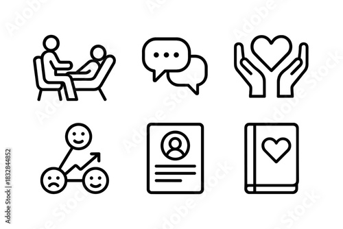 Therapy icons set: counseling, communication, compassion, care, emotions, profile