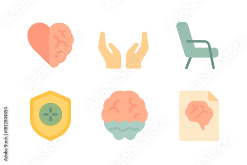 Glowing health icons with brain, heart, shield, document, chair, and hands