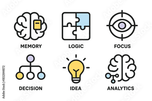 Brain icons representing memory, logic, focus, decision, idea, and analytics
