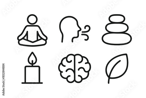 Minimalist icons representing meditation, mindfulness, and wellbeing concepts